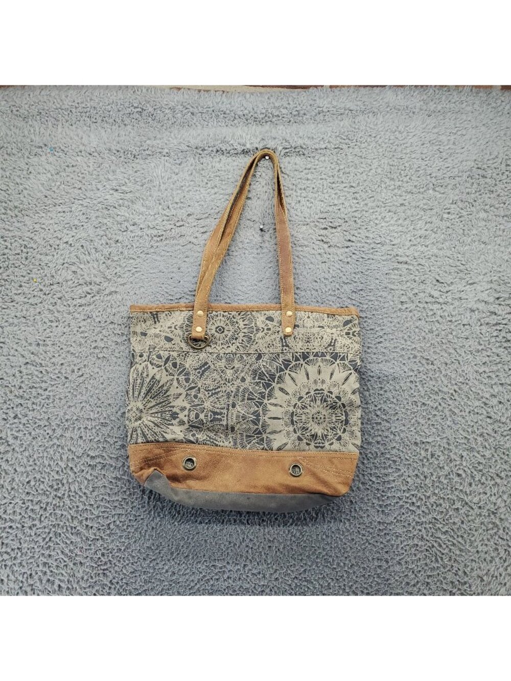 Myra Bag Tote Womens 16x13 Gray Mandala Print Cotton & Leather *Read*